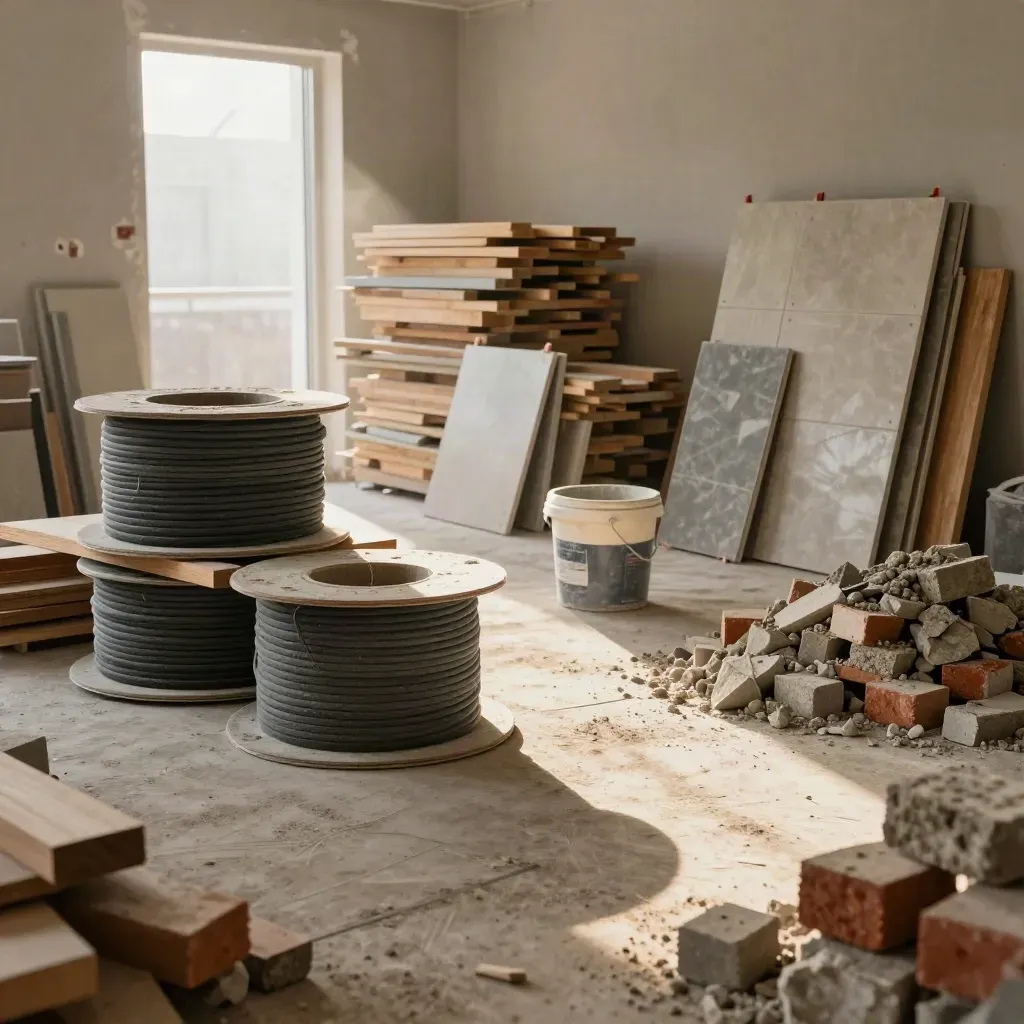 Fit-out-Raum mit Kabelrollen, Holzresten, Fliesen, Putzkübeln und Mauerwerk im Tageslicht.