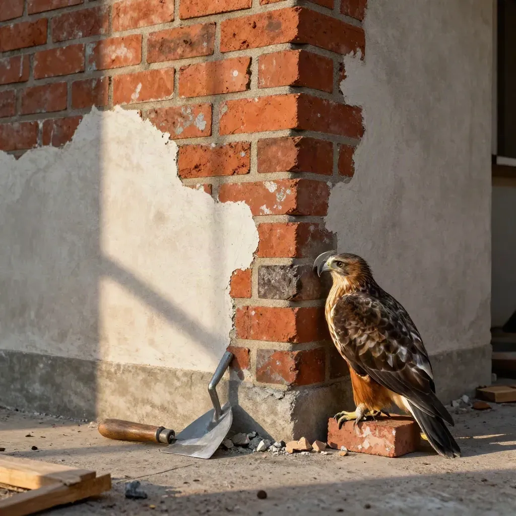 Mauerwerksecke mit frischem Mörtel, Putzkante und Stahl-Hawk im Licht.