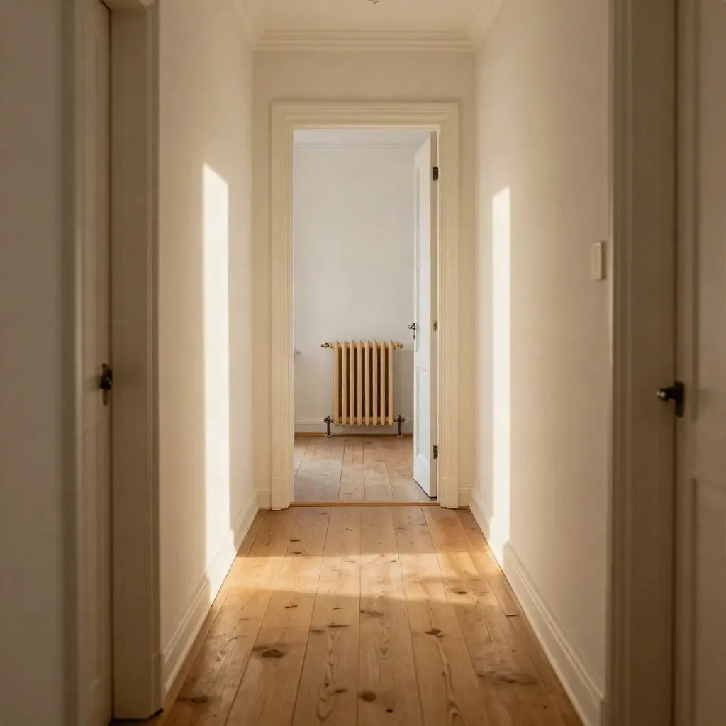 Renovierter Berliner Flur mit hellem Putz, neuem Holzboden und restaurierten Türrahmen.