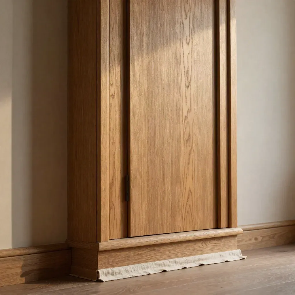 Eichen-Einbauschrank mit bündigen Türen neben heller Putzwand, von unten im Seitenlicht.