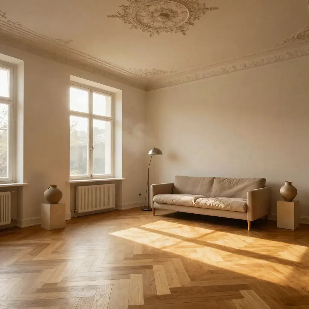Fertiger Altbau-Wohnraum in Prenzlauer Berg mit Stuckdecke, Fenster und neuem Fischgrätboden.