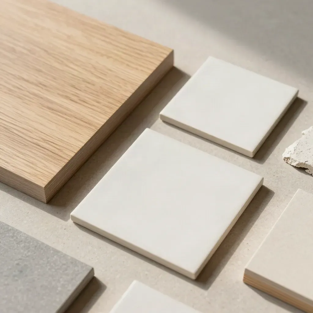 Overhead-Flatlay mit Holzfurnier, Putz, Fliese und Farbmuster auf hellem Stein.