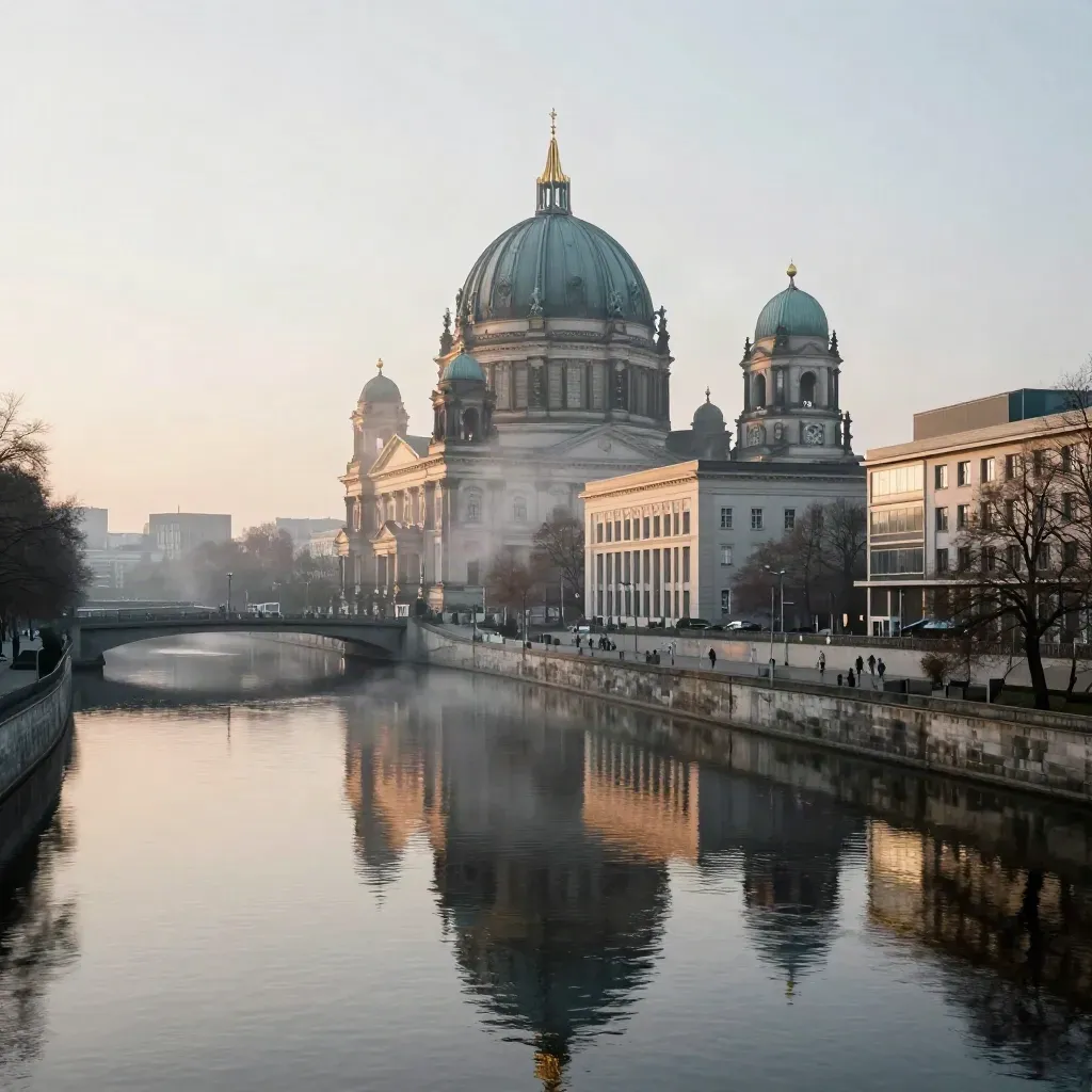 Berliner Dom und Museumsinsel über der Spree im Morgennebel, ruhige Wasserfläche im Vordergrund.