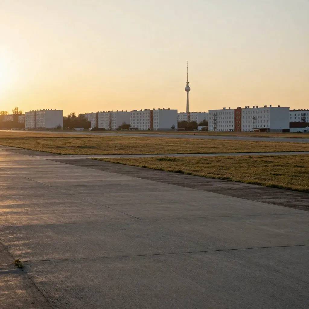 Tempelhofer Feld im Abendlicht mit Wohnblöcken, Landebahnspuren und Fernsehturm-Dunst.